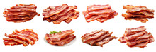 Collection Of PNG. Cooked Bacon Rashers Isolated On A Transparent Background.