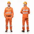 Full length portrait of a construction worker with helmet, wearing a uniform isolated on white background
