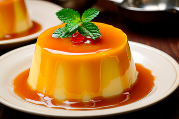 Wall Mural - pudding caramel or caramel custard on wooden table