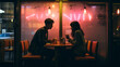Street photography of a couple at the cafe on a hazy rainy night, neon city light. Generative AI