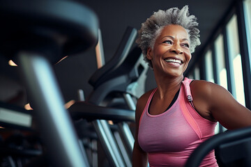 Fitness training for mature, senior African American woman in the gym, active aging routine