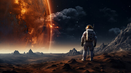 Wall Mural - amazed astronaut on a planet surface watches another planet. astronaut navigating alien landscapes, 