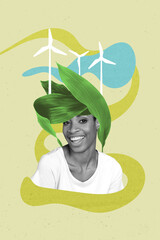 Sticker - Green plants instead of woman head collage ecology concept smiling person support green energy wind propellers isolated on khaki background