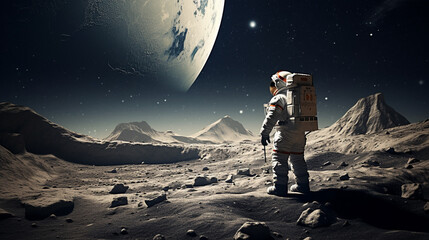 Wall Mural - amazed astronaut on a planet surface watches another planet. astronaut navigating alien landscapes, 