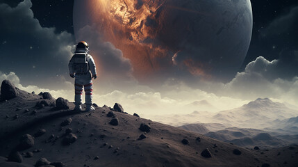 Wall Mural - amazed astronaut on a planet surface watches another planet. astronaut navigating alien landscapes, 