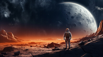 Wall Mural - amazed astronaut on a planet surface watches another planet. astronaut navigating alien landscapes, 