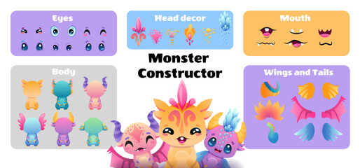 Wall Mural - Create your Monster and collect cute aliens and funny creatures. Cartoon character creation kit with all elements and body parts. Vector children illustration