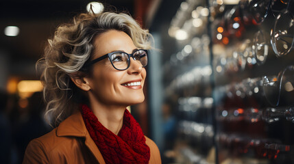 Wall Mural - Optical Store Elegance: A Joyful Mature Woman Selecting Glasses, Embracing Vision Care