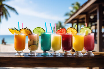 Wall Mural - A row of fresh summer cocktails on a tropical beach