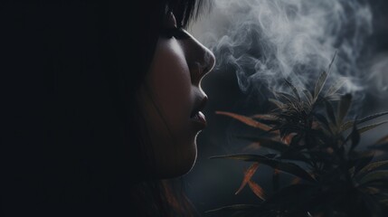 Wall Mural - Marijuana Awareness Month concept. A girl surrounded by smoke against a background of cannabis leaves
