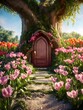 pink door in tree housewooden house in the woodsEnchanting forest little tiny fairy storybook house background. 3d rendering,in the middle of flower