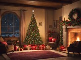 Fototapeta Tęcza - Christmas Fireplace and Xmas Tree, Presents Gifts Decorations, New Year Home Interior Background
