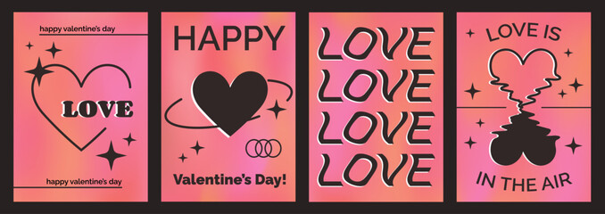 Wall Mural - Valentine's Day posters in y2k aesthetics, vertical banners, holiday cards with hearts, frames and text greetings on a vivid background. Vector illustration.