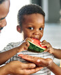 © Lumos sp - child family kitchen food boy son father mother watermelon fruit slice summer organic meal fun preparing healthy diet eating home black
