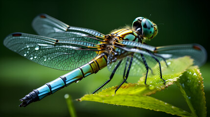 Wall Mural - A dragonfly perched gracefully on a vibrant green leaf. This nature photograph captures the delicate beauty of the dragonfly in its natural habitat. Perfect for nature enthusiasts and those seeking .,