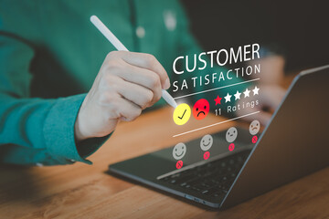 Poster - Member use a laptop give angry emotion face on virtual screen for feedback review satisfaction service opinion and testimonial on application. Online customer review satisfaction feedback survey.