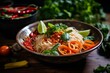 An appetizing bowl of traditional Asian vermicelli noodles, complemented with the zest of lime and kick of chili, set on a vintage wooden table
