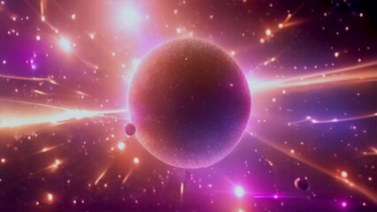 Wall Mural - Magic dust forming in space wave flow, universe animation, planet with sun and stars, Generative AI.