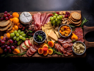  An appetizing charcuterie board with an array of meats, cheeses, nuts and garnishes