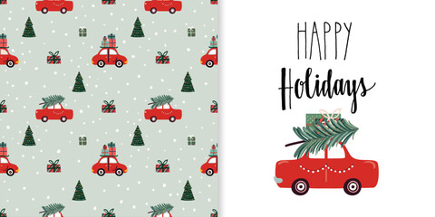 Wall Mural - christmas seamless pattern and greeting card, seasonal background, wallpaper with cute elements, win