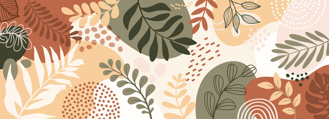 Wall Mural - Design banner frame background .Colorful poster background vector illustration.Exotic plants, branches,art print for beauty, fashion and natural products,wellness, wedding and event.