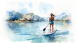 © sandsun - A beautiful woman gracefully glides on a SUP paddleboard, enjoying the serenity of the water and the connection with nature as she navigates with elegance and poise. watercolor illustration