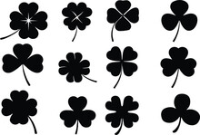 Set Of Multiple Style Three And Four Leaf Clovers In Editable Vector. Clover As Symbol Of St. Patrick, Faith, Hope, Love, And Luck. Poster, Banner Idea For Media And Web. Easy To Change Color Or Size.