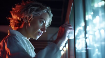 Aufkleber - woman in lab coat examining test tube in modern laboratory
