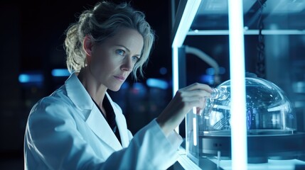 Aufkleber - woman in lab coat examining test tube in modern laboratory