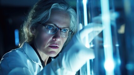 Aufkleber - woman in lab coat examining test tube in modern laboratory