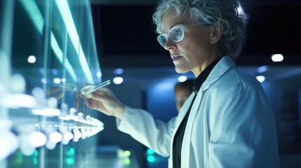 Poster - woman in lab coat examining test tube in modern laboratory