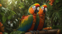 Two Macaw Parrots In The Jungle