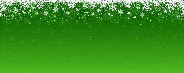 Wall Mural - Green Christmas banner with snowflakes and stars. Merry Christmas and Happy New Year greeting banner. Horizontal new year background, headers, posters, cards, website. Vector illustration