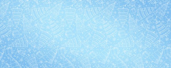 Light blue Christmas banner with forest of christmas trees. Merry Christmas and Happy New Year greeting banner. Horizontal new year background, headers, posters, cards, website. Vector illustration