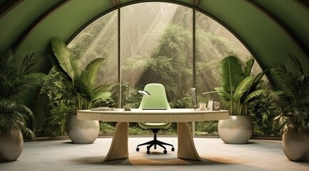 Wall Mural - Interior design elegant vibrant green office against arched window and natural greenery