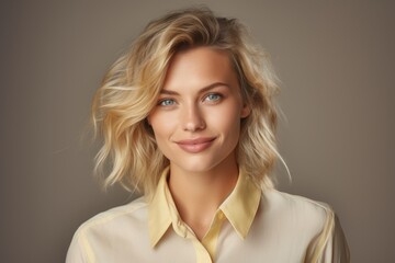 Blonde, elegant woman with curly hair looking at camera in studio shot