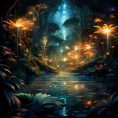 Sticker - an abstract symphony featuring fireflies, jungle elements, an oasis setting