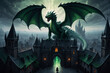 A gigantic green dragon above a medieval city - Oil painting style