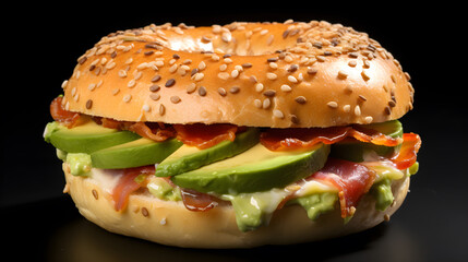 Canvas Print - Bagel sandwich with fresh ripe avocado and tasty cream cheese on dark background