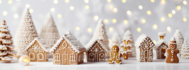 Wall Mural - Christmas gingerbread house decoration on white background of defocused golden lights. Hand decorated.