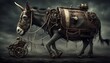 Generative AI illustration of a steampunk mechanical donkey pulling a cart forward.