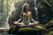Young Woman Practicing Breathing Yoga Pranayama Outdoors In Moss Forest On A Backdrop Of Waterfall. Unity With Nature Concept.