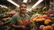 middle age hispanic male Shop assistant working in plant flower store, small business concept