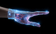 Human hand wearing glowing digital holographic glove on black background with copy space