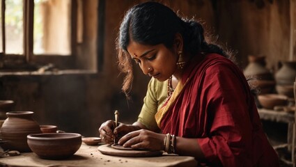 indian Craftswoman creating handicraft crockery in workshop. Craftsmanship and entrepreneurship concept