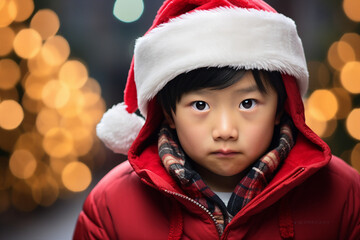 Generative AI portrait of small funny child believe in santa claus waiting christmas gifts presents