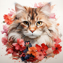 Image Of A Persian Cat Head With Colorful Tropical Flowers On White Background. Mammals. Pet. Animals.