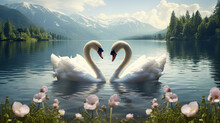 Two White Feathered Lovers White Swans Face Each Other In A Heart Shape On A Lake With Wildflowers And Grass In The Background Created With Generative AI Technology