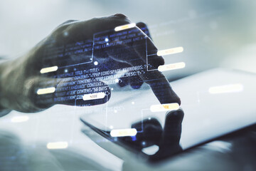 Wall Mural - double exposure of abstract creative programming illustration and finger clicks on a digital tablet 