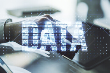 Wall Mural - creative data word sign and finger clicks on a digital tablet on background. multiexposure